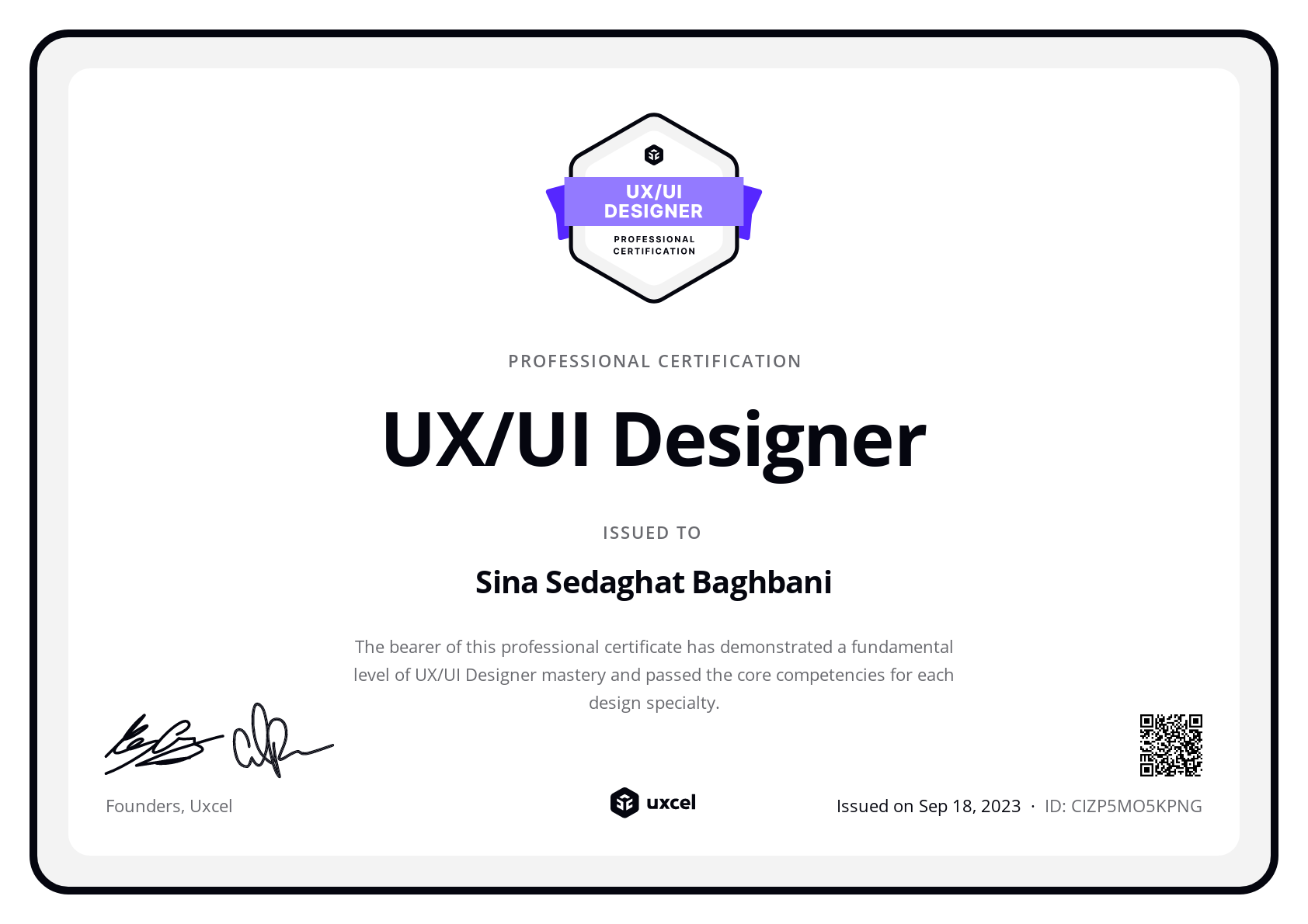 Sina Sedaghat Baghbani's certificate
